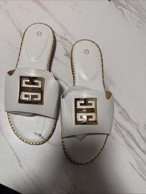 White Women's Slide Sandals with Gold Accent